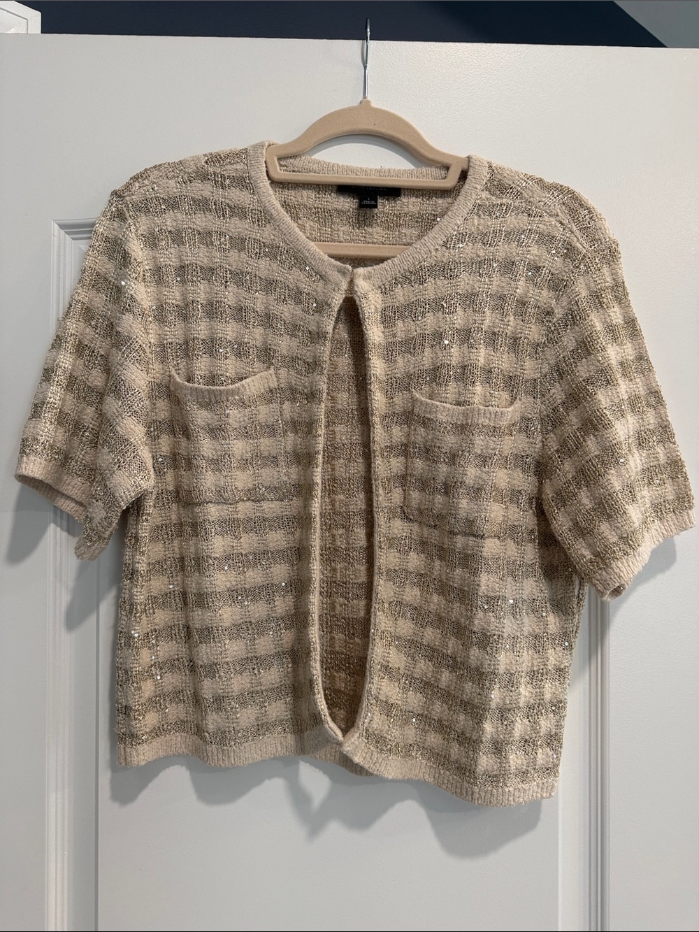 Ann Taylor Beige & Cream Short-Sleeve Open-Front Knit Cardigan